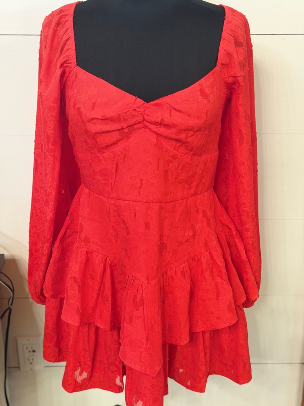 Francesca's Collections Red Long-Sleeve Tiered Mini Dress